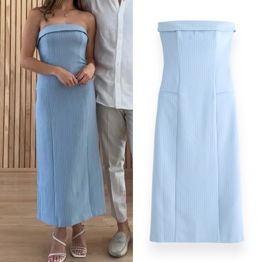 NEW $110 ABERCROMBIE Strapless Sheath Midi Dress Minimalist Blue XL Coquette